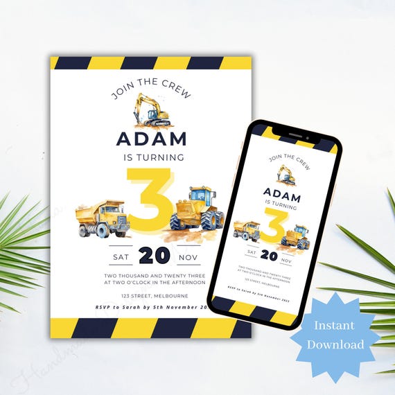 3rd Birthday Construction Theme Party Invitation, Three Year Old