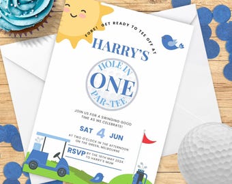 Hole in One Birthday Invitation, Golf First Birthday Par-tee, Editable Template, Instant Download Invitation for One Year Old Boy GPB2023