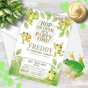 May include: A green and white frog-themed party invitation for a child's third birthday. The invitation features a cartoon frog wearing a party hat and the text "Hop on Over It's Party Time! Freddy is turning three! Please join us to celebrate! Sat 22 May at two o'clock in the afternoon, The Little Frog Pond, Sydney. RSVP by the 16th May 202x to Freddy's Mum."