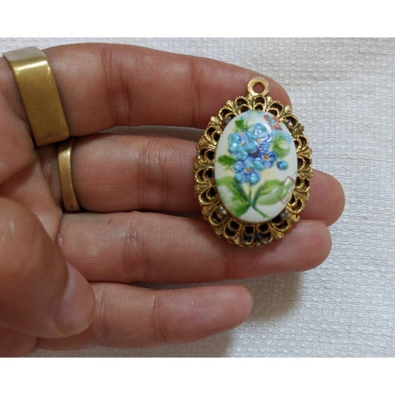 Vintage Hand Painted Porcelain Pendant w/ Ornate … - image 2