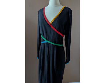 Vintage Oscar de la Renta Studio Black Wool Long Sleeve Dress w/ MultiColor Detailing