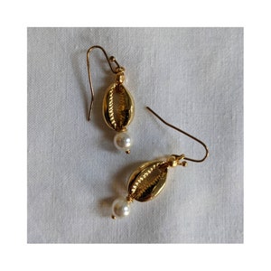 Gold Cowrie Shell and Pearl Dangle Earrings