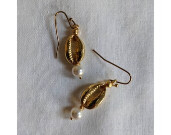 Gold Cowrie Shell and Pearl Dangle Earrings