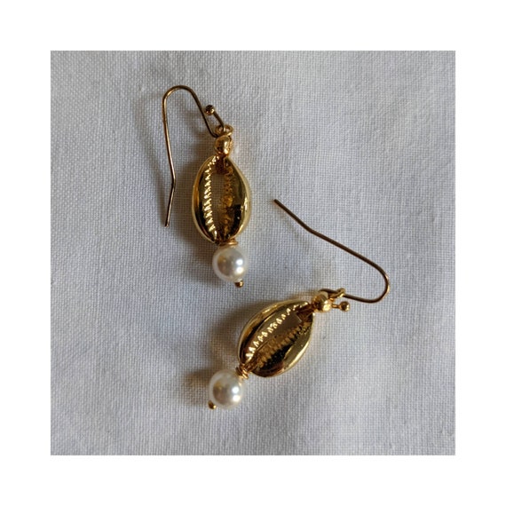 Gold Cowrie Shell and Pearl Dangle Earrings