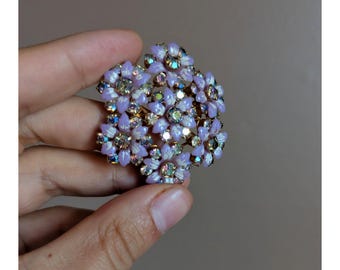 Vintage Lavender Rhinestone Flower Brooch + Clip on Earrings Set