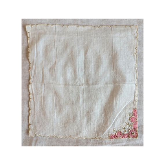 Antique Linen Handkerchief w/ Hand Sewn Floral De… - image 1