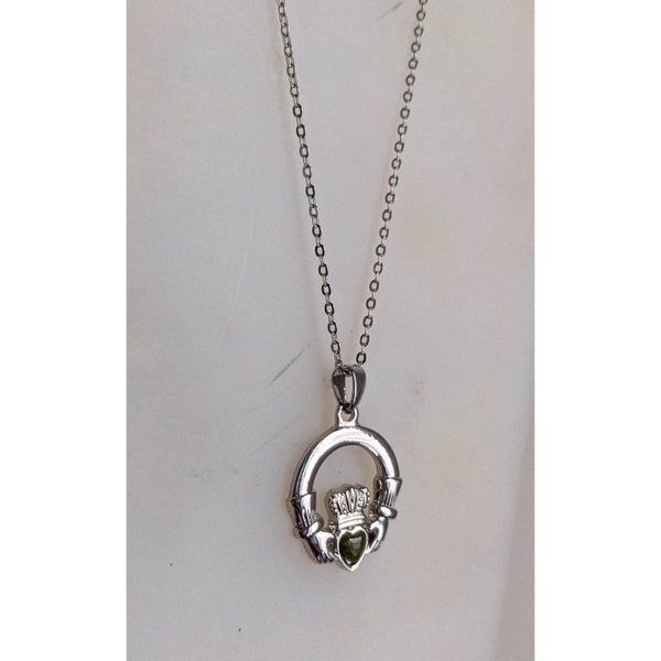 Vintage Sterling Silver Claddagh Pendant w/ Connemara Marble Center and Thin Silver Chain