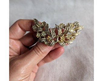 Vintage Crystal and Silver Tone Floral Brooch