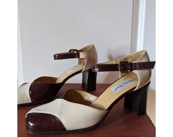 Vintage Valmy Moda Open Toed Mary Jane Chunky Heeled Two Tone Leather Shoe