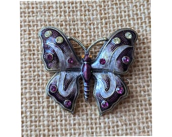 Vintage Silver Tone + Enamel Butterfly Brooch w/ Rhinestone Detailing