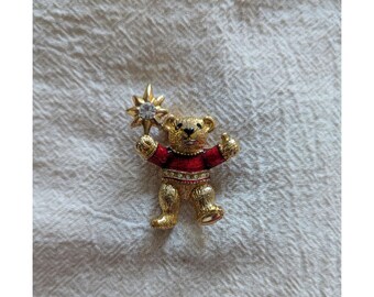Vintage Gold Tone and Enamel Teddy Bear Holiday Pinback Pin