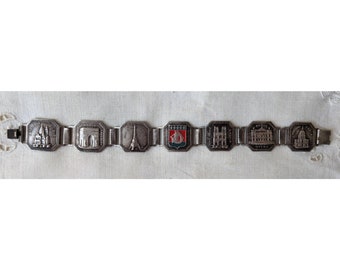 Vintage 1940s Parisian Souvenir Travel Scenes Silvertone + Enamel Bracelet