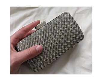 May include: A silver sparkly clutch purse with a silver clasp.