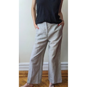 Vintage Light Grey Women&#39;s Linen Wide-Leg Pants