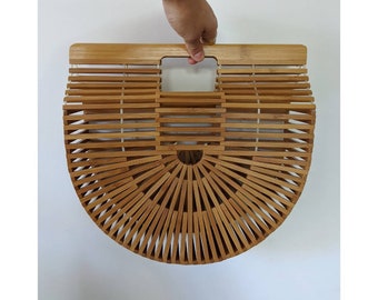 Vintage Half-Moon Bamboo Wood Picnic Basket Purse