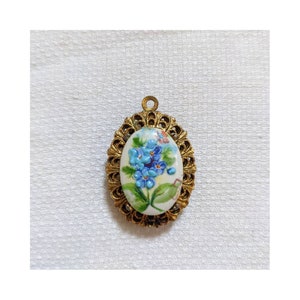 Vintage Hand Painted Porcelain Pendant w/ Ornate Goldtone Frame
