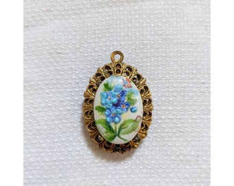 Vintage Hand Painted Porcelain Pendant w/ Ornate Goldtone Frame