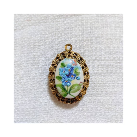 Vintage Hand Painted Porcelain Pendant w/ Ornate … - image 1