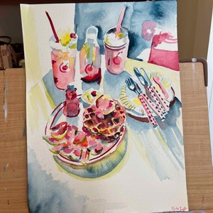 Original Watercolor Painting, Pink Cherry Waffle Still Life