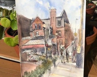Original Watercolor Painting, Street in Boston