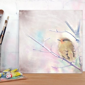 ROBIN small bird watercolor painting pastel hand painted print on wood canvas art print wall decoration country style nature romantic gift