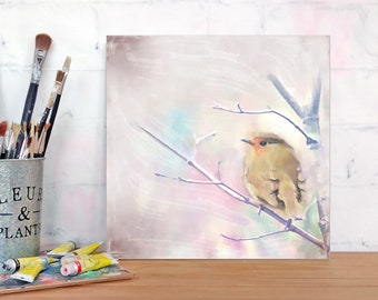 ROBIN petit oiseau aquarelle peinture pastel peint à la main impression sur bois toile art impression décoration murale style maison de campagne nature cadeau romantique