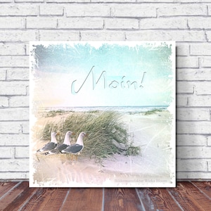 MOIN Maritimes Wandbild auf Holz Leinwandbild Kunstdruck Möwen Vögel Sommer Strand Meer Wanddeko Bild Landhausstil Shabby Chic Vintage Style