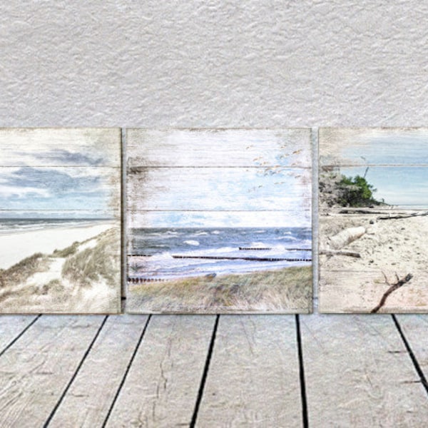 KÜSTENANSICHTEN Maritimes Triptychon auf Holz Leinwandbild Kunstdruck Ostsee Meer Wellen Dünen Steilküste Wanddeko Bild Shabby Chic Vintage