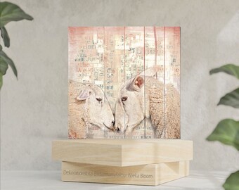 OH MY SHEEP, Tableau mural en forme de paire de moutons sur toile en bois, décoration murale, style maison de campagne, style shabby chic, style vintage, cadeau fait à la main