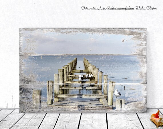 MEERBLICK Maritimes Bild auf Holz, Leinwandbild, Kunstdruck Brücke Möwen, Wanddeko, Sommerdeko im Landhausstil, Shabby Chic, Vintage Style