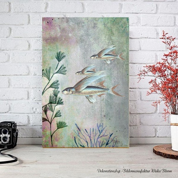 FLIEGENDE FISCHE Wassertiere Wandbild auf Leinwand Holz Kunstdruck Wanddeko Bild Landhausstil Shabby Chic Vintage Style Handmade kaufen