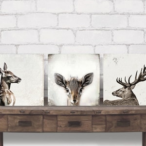 Animaux de la forêt CERF & CERF triptyque image sur toile en bois impression d'art décoration murale style maison de campagne Shabby Chic style vintage Sephia fait main