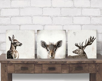 Animaux de la forêt CERF & CERF triptyque image sur toile en bois impression d'art décoration murale style maison de campagne Shabby Chic style vintage Sephia fait main