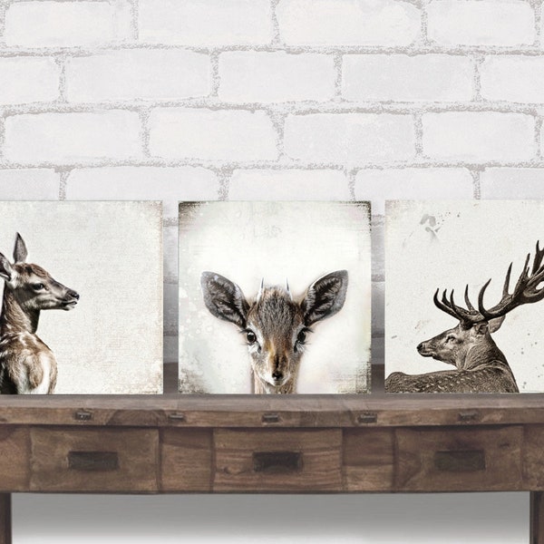 Waldtiere REH & HIRSCH Triptychon Bild auf Holz Leinwand Fineartprint Wanddeko Landhausstil Shabby Chic Vintage Style Sephia handmade kaufen