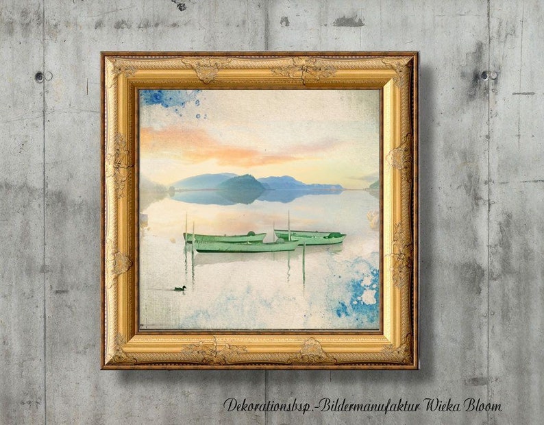 BOATS AT SEA romantic landscape picture on wooden canvas fine art print gift wall decoration country house style shabby chic vintage style image 6