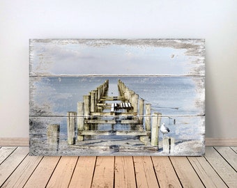 VUE SUR LA MER Image maritime sur toile en bois Impression d'art Pont de jetée Ciel Mouettes Décoration murale Style maison de campagne Style shabby chic vintage Plage d'été