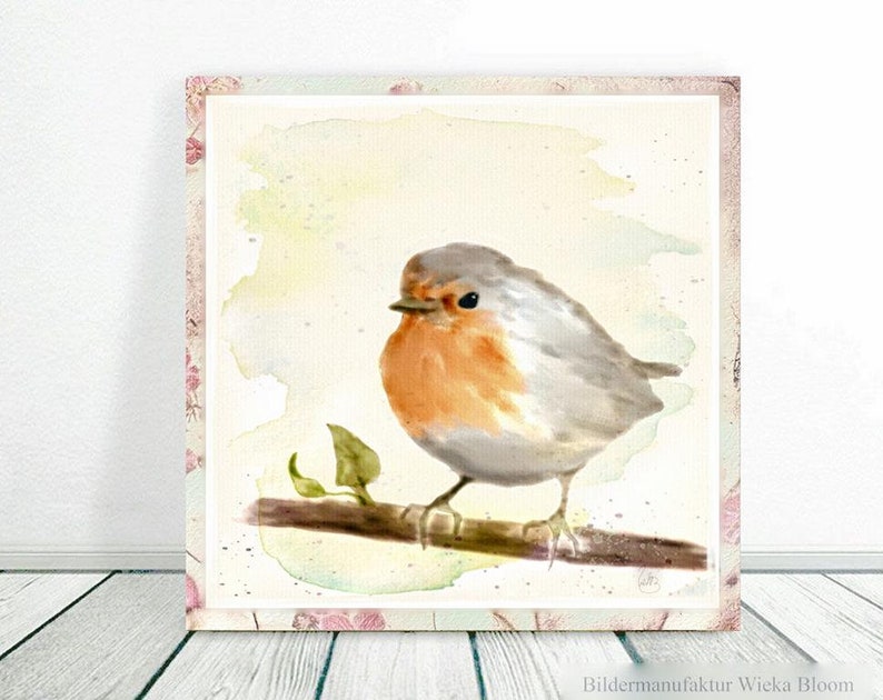 LITTLE ROBIN wall picture on wooden canvas fine art print poster bird nature country house style pastel watercolor picture hand painted buy cheap image 4