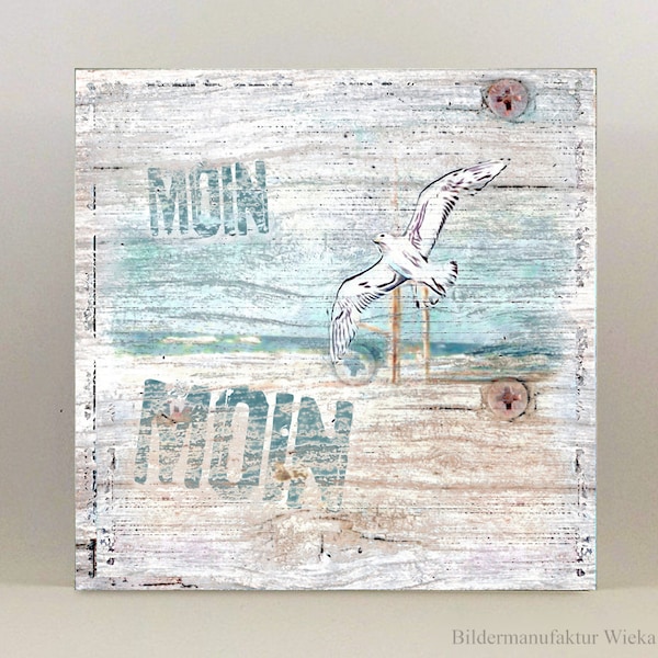 MOIN MOIN Maritimes Wandbild auf Holz Leinwand Kunstdruck Möwe Meer Strand Wanddeko Landhaussti Rustikal Shabby Chic Vintage Style kaufen