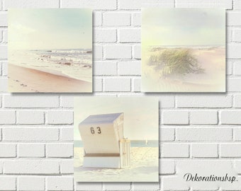 Maritime picture BEACH VIEWS triptych on wood canvas art print sea waves dunes Baltic Sea North Sea wall decoration shabby chic vintage style