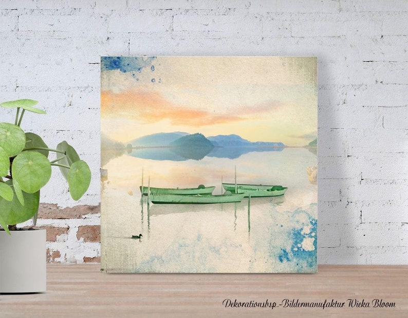 BOATS AT SEA romantic landscape picture on wooden canvas fine art print gift wall decoration country house style shabby chic vintage style image 1
