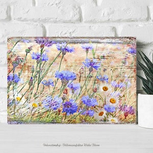 Blue CORNFLOWERS wall picture on wooden canvas art print summer flowers flower meadow wall decoration country house style Shabby Chic VintageArt buy cheaply image 1