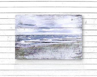 Tableau mural sur toile en bois avec vagues de la mer et nuages d'orage - Décoration murale style maison de campagne vintage shabby chic rustique