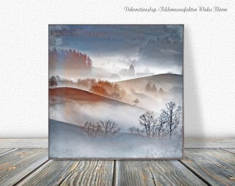 FOG LANDSCAPE Autumn time landscape picture on wooden canvas art print houses forest fog wall decoration country house style shabby chic vintage style