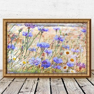 Blue CORNFLOWERS wall picture on wooden canvas art print summer flowers flower meadow wall decoration country house style Shabby Chic VintageArt buy cheaply image 6