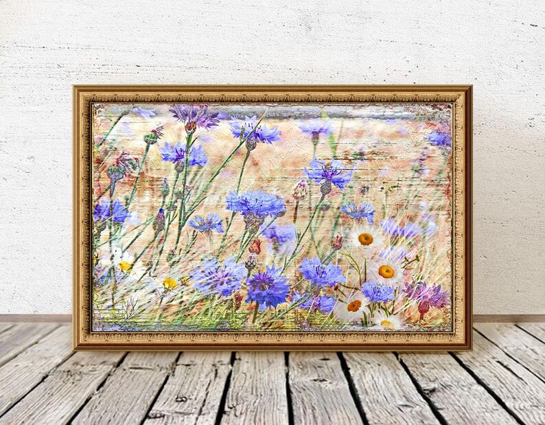 Blue CORNFLOWERS wall picture on wooden canvas art print summer flowers flower meadow wall decoration country house style Shabby Chic VintageArt buy cheaply image 6