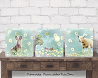 FRÜHLINGSBEGINN Set auf Holz Leinwand Kunstdruck Frühling Lamm Hase Blumen Wanddeko Verspielt Landhausstil Shabby Chic Vintage Style kaufen