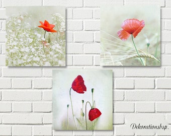 Coquelicots en pastel - Triptyque - Tableau mural sur toile en bois - Impression d'art - Décoration murale - Style maison de campagne - Style shabby chic vintage