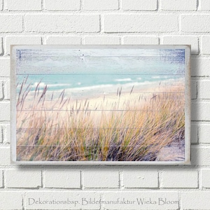 STRANDSICHTEN maritimes Bild auf Holz Leinwand Kunstdruck Meer Küste Dünen Strand Wellen Sommer Wanddeko Landhausstil Shabby Chic Vintage