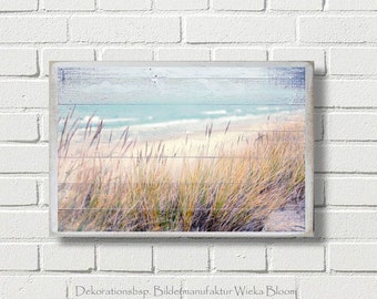 BEACH VIEWS maritime picture on wooden canvas art print sea coast dunes beach waves summer wall decoration country house style shabby chic vintage