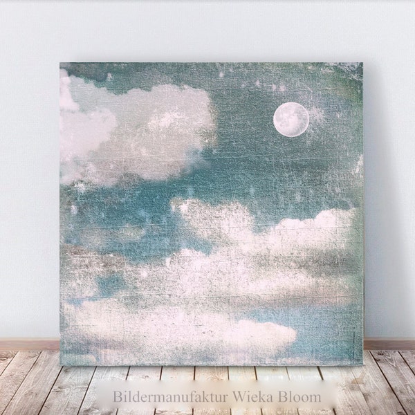 NIGHT SKY picture on wooden canvas fine art print sky moon cloud wall decoration picture country house style shabby chic vintage style blue handmade